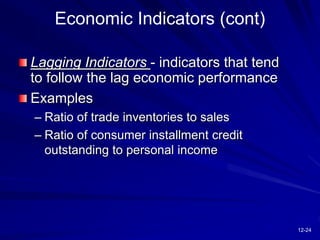 12-24
Lagging Indicators - indicators that tend
to follow the lag economic performance
Examples
– Ratio of trade inventories to sales
– Ratio of consumer installment credit
outstanding to personal income
Economic Indicators (cont)
 