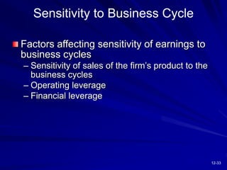12-33
Sensitivity to Business Cycle
Factors affecting sensitivity of earnings to
business cycles
– Sensitivity of sales of the firm’s product to the
business cycles
– Operating leverage
– Financial leverage
 