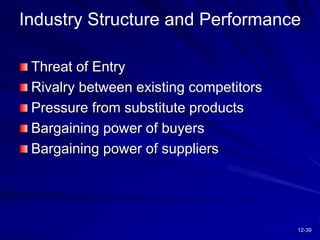 12-39
Industry Structure and Performance
Threat of Entry
Rivalry between existing competitors
Pressure from substitute products
Bargaining power of buyers
Bargaining power of suppliers
 