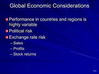 12-4
Global Economic Considerations
Performance in countries and regions is
highly variable
Political risk
Exchange rate risk
– Sales
– Profits
– Stock returns
 