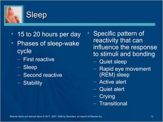 Sleep

 • 15 to 20 hours per day                                                   • Specific pattern of
 • Phases of sleep-wake                                                       reactivity that can
                                                                              influence the response
   cycle                                                                      to stimuli and bonding
       –     First reactive                                                        – Quiet sleep
       –     Sleep                                                                 – Rapid eye movement
       –     Second reactive                                                         (REM) sleep
       –     Stability                                                             – Active alert
                                                                                   – Quiet alert
                                                                                   – Crying
                                                                                   – Transitional

Elsevier items and derived items © 2011, 2007, 2006 by Saunders, an imprint of Elsevier Inc.              13
 