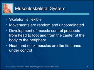 Musculoskeletal System

• Skeleton is flexible
• Movements are random and uncoordinated
• Development of muscle control proceeds
  from head to foot and from the center of the
  body to the periphery
• Head and neck muscles are the first ones
  under control



Elsevier items and derived items © 2011, 2007, 2006 by Saunders, an imprint of Elsevier Inc.   25
 