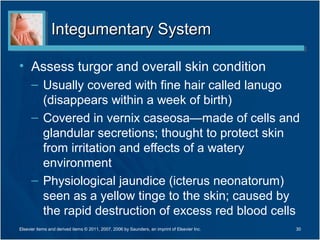 Integumentary System

• Assess turgor and overall skin condition
      – Usually covered with fine hair called lanugo
        (disappears within a week of birth)
      – Covered in vernix caseosa—made of cells and
        glandular secretions; thought to protect skin
        from irritation and effects of a watery
        environment
      – Physiological jaundice (icterus neonatorum)
        seen as a yellow tinge to the skin; caused by
        the rapid destruction of excess red blood cells
Elsevier items and derived items © 2011, 2007, 2006 by Saunders, an imprint of Elsevier Inc.   30
 