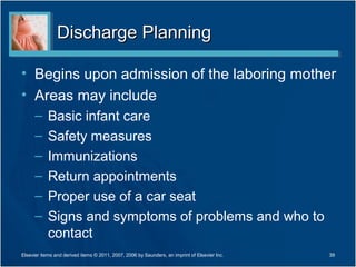 Discharge Planning

• Begins upon admission of the laboring mother
• Areas may include
      –     Basic infant care
      –     Safety measures
      –     Immunizations
      –     Return appointments
      –     Proper use of a car seat
      –     Signs and symptoms of problems and who to
            contact
Elsevier items and derived items © 2011, 2007, 2006 by Saunders, an imprint of Elsevier Inc.   39
 