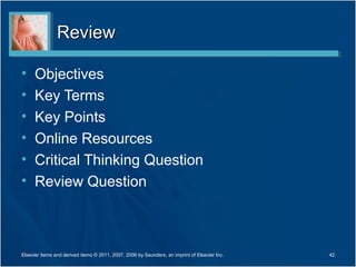 Review

•     Objectives
•     Key Terms
•     Key Points
•     Online Resources
•     Critical Thinking Question
•     Review Question



Elsevier items and derived items © 2011, 2007, 2006 by Saunders, an imprint of Elsevier Inc.   42
 