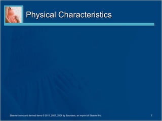 Physical Characteristics




Elsevier items and derived items © 2011, 2007, 2006 by Saunders, an imprint of Elsevier Inc.   7
 