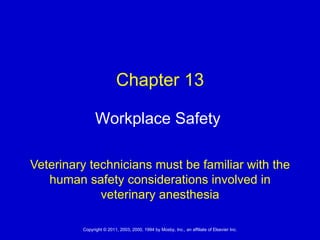 Veterinary technicians must be familiar with the human safety considerations involved in veterinary anesthesia Workplace Safety  Chapter 13 