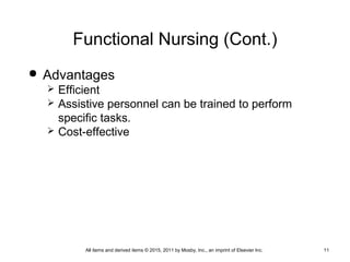 Functional Nursing (Cont.)
 Advantages
 Efficient
 Assistive personnel can be trained to perform
specific tasks.
 Cost-effective
All items and derived items © 2015, 2011 by Mosby, Inc., an imprint of Elsevier Inc. 11
 