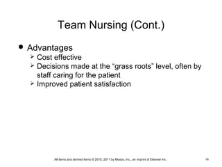 Team Nursing (Cont.)
 Advantages
 Cost effective
 Decisions made at the “grass roots” level, often by
staff caring for the patient
 Improved patient satisfaction
All items and derived items © 2015, 2011 by Mosby, Inc., an imprint of Elsevier Inc. 14
 