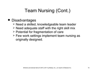 Team Nursing (Cont.)
 Disadvantages
 Need a skilled, knowledgeable team leader
 Need adequate staff with the right skill mix
 Potential for fragmentation of care
 Few work settings implement team nursing as
originally designed.
All items and derived items © 2015, 2011 by Mosby, Inc., an imprint of Elsevier Inc. 15
 