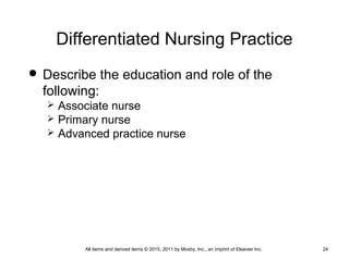 Differentiated Nursing Practice
 Describe the education and role of the
following:
 Associate nurse
 Primary nurse
 Advanced practice nurse
All items and derived items © 2015, 2011 by Mosby, Inc., an imprint of Elsevier Inc. 24
 