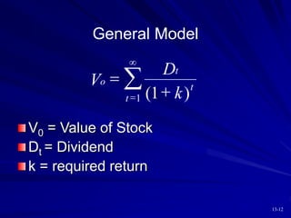 13-12
General Model
V
D
k
o
t
t
t




( )
1
1
V0 = Value of Stock
Dt = Dividend
k = required return
 