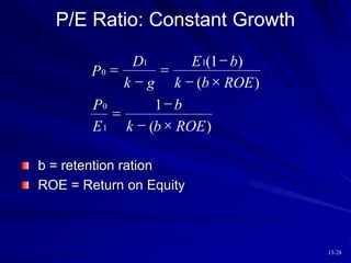 13-28
P/E Ratio: Constant Growth
P
D
k g
E b
k b ROE
P
E
b
k b ROE
0
1 1
0
1
1
1




 


 
( )
( )
( )
b = retention ration
ROE = Return on Equity
 