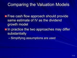 13-42
Comparing the Valuation Models
Free cash flow approach should provide
same estimate of IV as the dividend
growth model
In practice the two approaches may differ
substantially
– Simplifying assumptions are used
 