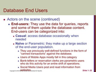 Copyright © 2016 Ramez Elmasri and Shamkant B. Navathe Slide 1- 22
Database End Users
 Actors on the scene (continued)
 End-users: They use the data for queries, reports
and some of them update the database content.
End-users can be categorized into:
 Casual: access database occasionally when
needed
 Naïve or Parametric: they make up a large section
of the end-user population.
 They use previously well-defined functions in the form of
“canned transactions” against the database.
 Users of Mobile Apps mostly fall in this category
 Bank-tellers or reservation clerks are parametric users
who do this activity for an entire shift of operations.
 Social Media Users post and read information from
websites
 
