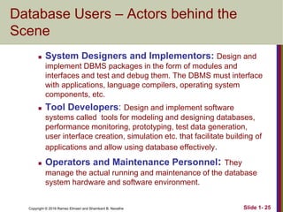 Copyright © 2016 Ramez Elmasri and Shamkant B. Navathe Slide 1- 25
Database Users – Actors behind the
Scene
 System Designers and Implementors: Design and
implement DBMS packages in the form of modules and
interfaces and test and debug them. The DBMS must interface
with applications, language compilers, operating system
components, etc.
 Tool Developers: Design and implement software
systems called tools for modeling and designing databases,
performance monitoring, prototyping, test data generation,
user interface creation, simulation etc. that facilitate building of
applications and allow using database effectively.
 Operators and Maintenance Personnel: They
manage the actual running and maintenance of the database
system hardware and software environment.
 