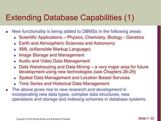 Copyright © 2016 Ramez Elmasri and Shamkant B. Navathe Slide 1- 33
Extending Database Capabilities (1)
 New functionality is being added to DBMSs in the following areas:
 Scientific Applications – Physics, Chemistry, Biology - Genetics
 Earth and Atmospheric Sciences and Astronomy
 XML (eXtensible Markup Language)
 Image Storage and Management
 Audio and Video Data Management
 Data Warehousing and Data Mining – a very major area for future
development using new technologies (see Chapters 28-29)
 Spatial Data Management and Location Based Services
 Time Series and Historical Data Management
 The above gives rise to new research and development in
incorporating new data types, complex data structures, new
operations and storage and indexing schemes in database systems.
 