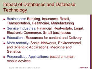 Copyright © 2016 Ramez Elmasri and Shamkant B. Navathe
Impact of Databases and Database
Technology
 Businesses: Banking, Insurance, Retail,
Transportation, Healthcare, Manufacturing
 Service Industries: Financial, Real-estate, Legal,
Electronic Commerce, Small businesses
 Education : Resources for content and Delivery
 More recently: Social Networks, Environmental
and Scientific Applications, Medicine and
Genetics
 Personalized Applications: based on smart
mobile devices
Slide 1- 8
 