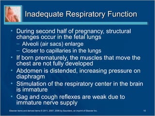Inadequate Respiratory Function

 • During second half of pregnancy, structural
   changes occur in the fetal lungs
       – Alveoli (air sacs) enlarge
       – Closer to capillaries in the lungs
 • If born prematurely, the muscles that move the
   chest are not fully developed
 • Abdomen is distended, increasing pressure on
   diaphragm
 • Stimulation of the respiratory center in the brain
   is immature
 • Gag and cough reflexes are weak due to
   immature nerve supply
Elsevier items and derived items © 2011, 2007, 2006 by Saunders, an imprint of Elsevier Inc.   10
 