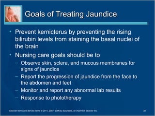 Goals of Treating Jaundice

• Prevent kernicterus by preventing the rising
  bilirubin levels from staining the basal nuclei of
  the brain
• Nursing care goals should be to
      – Observe skin, sclera, and mucous membranes for
        signs of jaundice
      – Report the progression of jaundice from the face to
        the abdomen and feet
      – Monitor and report any abnormal lab results
      – Response to phototherapy

Elsevier items and derived items © 2011, 2007, 2006 by Saunders, an imprint of Elsevier Inc.   35
 