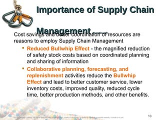 ©2012 Cengage Learning. All Rights Reserved. May not be scanned, copied or duplicated, or posted to a publicly accessible website, in whole or in part.
10
Importance of Supply ChainImportance of Supply Chain
ManagementManagement (continued)(continued)
Cost savings and better coordination of resources are
reasons to employ Supply Chain Management
 Reduced Bullwhip Effect - the magnified reduction
of safety stock costs based on coordinated planning
and sharing of information
 Collaborative planning, forecasting, and
replenishment activities reduce the Bullwhip
Effect and lead to better customer service, lower
inventory costs, improved quality, reduced cycle
time, better production methods, and other benefits.
 