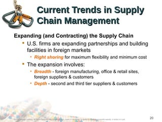 ©2012 Cengage Learning. All Rights Reserved. May not be scanned, copied or duplicated, or posted to a publicly accessible website, in whole or in part.
20
Current Trends in SupplyCurrent Trends in Supply
Chain ManagementChain Management
Expanding (and Contracting) the Supply Chain
 U.S. firms are expanding partnerships and building
facilities in foreign markets
• Right shoring for maximum flexibility and minimum cost
 The expansion involves:
• Breadth - foreign manufacturing, office & retail sites,
foreign suppliers & customers
• Depth - second and third tier suppliers & customers
 