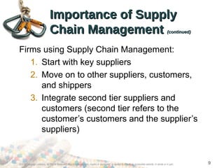 ©2012 Cengage Learning. All Rights Reserved. May not be scanned, copied or duplicated, or posted to a publicly accessible website, in whole or in part. 9
Importance of SupplyImportance of Supply
Chain ManagementChain Management (continued)(continued)
Firms using Supply Chain Management:
1. Start with key suppliers
2. Move on to other suppliers, customers,
and shippers
3. Integrate second tier suppliers and
customers (second tier refers to the
customer’s customers and the supplier’s
suppliers)
 