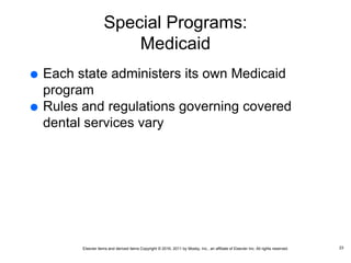 Elsevier items and derived items Copyright © 2016, 2011 by Mosby, Inc., an affiliate of Elsevier Inc. All rights reserved.
Special Programs:
Medicaid
 Each state administers its own Medicaid
program
 Rules and regulations governing covered
dental services vary
23
 