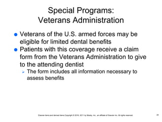 Elsevier items and derived items Copyright © 2016, 2011 by Mosby, Inc., an affiliate of Elsevier Inc. All rights reserved.
Special Programs:
Veterans Administration
 Veterans of the U.S. armed forces may be
eligible for limited dental benefits
 Patients with this coverage receive a claim
form from the Veterans Administration to give
to the attending dentist
 The form includes all information necessary to
assess benefits
24
 