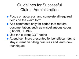 Elsevier items and derived items Copyright © 2016, 2011 by Mosby, Inc., an affiliate of Elsevier Inc. All rights reserved.
Guidelines for Successful
Claims Administration
 Focus on accuracy, and complete all required
fields on the claim form
 Add comments only for codes that require
documentation, such as miscellaneous codes
(D2999, D6199)
 Use the current CDT codes
 Attend seminars presented by benefit carriers to
stay current on billing practices and learn new
techniques
27
 