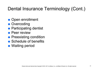 Elsevier items and derived items Copyright © 2016, 2011 by Mosby, Inc., an affiliate of Elsevier Inc. All rights reserved.
Dental Insurance Terminology (Cont.)
 Open enrollment
 Overcoding
 Participating dentist
 Peer review
 Preexisting condition
 Schedule of benefits
 Waiting period
31
 