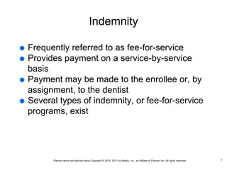 Elsevier items and derived items Copyright © 2016, 2011 by Mosby, Inc., an affiliate of Elsevier Inc. All rights reserved.
Indemnity
 Frequently referred to as fee-for-service
 Provides payment on a service-by-service
basis
 Payment may be made to the enrollee or, by
assignment, to the dentist
 Several types of indemnity, or fee-for-service
programs, exist
7
 