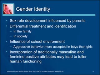 Gender Identity

• Sex role development influenced by parents
• Differential treatment and identification
    – In the family
    – In society
• Influence of school environment
    – Aggressive behavior more accepted in boys than girls
• Incorporation of traditionally masculine and
  feminine positive attributes may lead to fuller
  human functioning

Elsevier items and derived items © 2011, 2007, 2006 by Saunders, an imprint of Elsevier Inc.   11
 