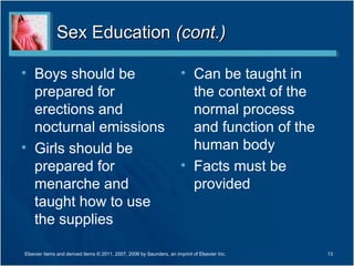 Sex Education (cont.)

• Boys should be                                                       • Can be taught in
  prepared for                                                           the context of the
  erections and                                                          normal process
  nocturnal emissions                                                    and function of the
• Girls should be                                                        human body
  prepared for                                                         • Facts must be
  menarche and                                                           provided
  taught how to use
  the supplies

Elsevier items and derived items © 2011, 2007, 2006 by Saunders, an imprint of Elsevier Inc.   13
 