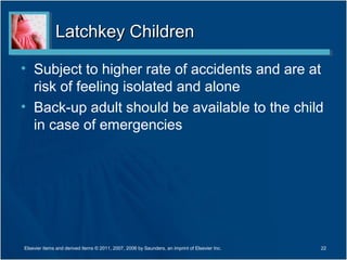 Latchkey Children

• Subject to higher rate of accidents and are at
  risk of feeling isolated and alone
• Back-up adult should be available to the child
  in case of emergencies




Elsevier items and derived items © 2011, 2007, 2006 by Saunders, an imprint of Elsevier Inc.   22
 