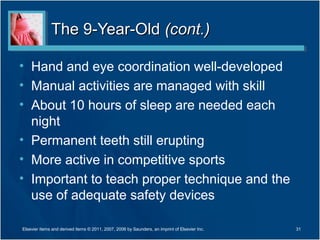 The 9-Year-Old (cont.)

• Hand and eye coordination well-developed
• Manual activities are managed with skill
• About 10 hours of sleep are needed each
  night
• Permanent teeth still erupting
• More active in competitive sports
• Important to teach proper technique and the
  use of adequate safety devices

Elsevier items and derived items © 2011, 2007, 2006 by Saunders, an imprint of Elsevier Inc.   31
 