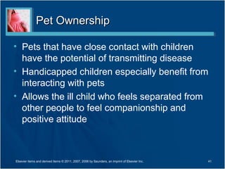Pet Ownership

• Pets that have close contact with children
  have the potential of transmitting disease
• Handicapped children especially benefit from
  interacting with pets
• Allows the ill child who feels separated from
  other people to feel companionship and
  positive attitude



Elsevier items and derived items © 2011, 2007, 2006 by Saunders, an imprint of Elsevier Inc.   41
 