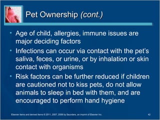 Pet Ownership (cont.)

• Age of child, allergies, immune issues are
  major deciding factors
• Infections can occur via contact with the pet’s
  saliva, feces, or urine, or by inhalation or skin
  contact with organisms
• Risk factors can be further reduced if children
  are cautioned not to kiss pets, do not allow
  animals to sleep in bed with them, and are
  encouraged to perform hand hygiene
Elsevier items and derived items © 2011, 2007, 2006 by Saunders, an imprint of Elsevier Inc.   42
 
