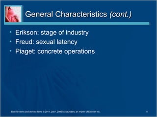 General Characteristics (cont.)

• Erikson: stage of industry
• Freud: sexual latency
• Piaget: concrete operations




Elsevier items and derived items © 2011, 2007, 2006 by Saunders, an imprint of Elsevier Inc.   6
 