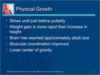 Physical Growth

• Slows until just before puberty
• Weight gain is more rapid than increase in
  height
• Brain has reached approximately adult size
• Muscular coordination improved
• Lower center of gravity




Elsevier items and derived items © 2011, 2007, 2006 by Saunders, an imprint of Elsevier Inc.   8
 