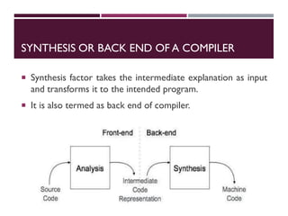 SYNTHESIS OR BACK END OF A COMPILER
 Synthesis factor takes the intermediate explanation as input
and transforms it to the intended program.
 It is also termed as back end of compiler.
 