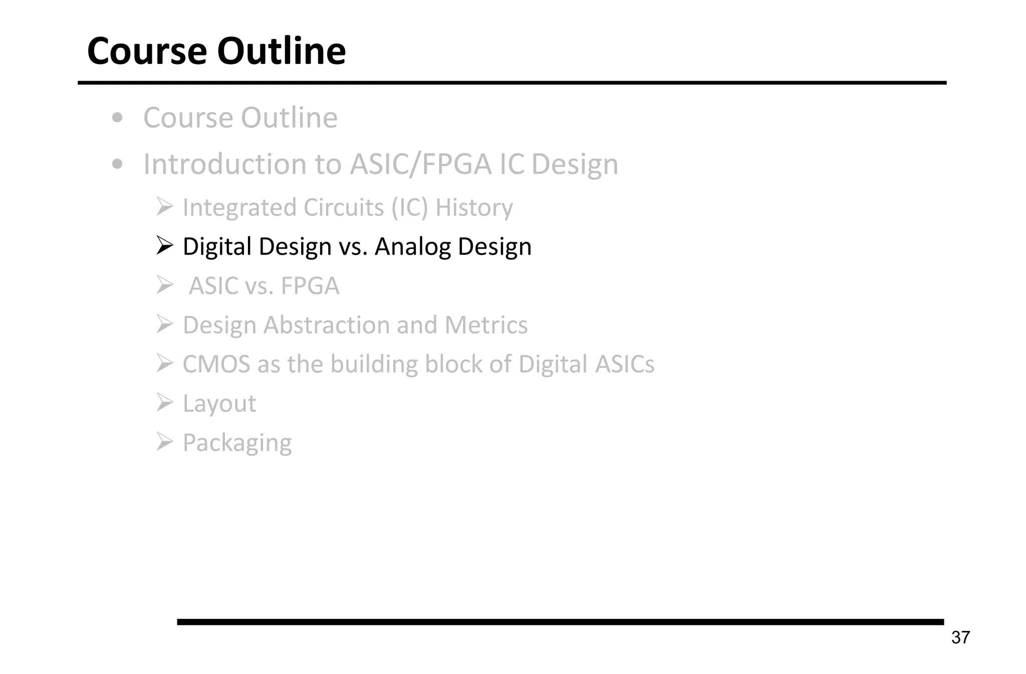 Course Outline
• Course Outline
• Introduction to ASIC/FPGA IC Design
 Integrated Circuits (IC) History
 Digital Design vs. Analog Design
 ASIC vs. FPGA
 Design Abstraction and Metrics
 CMOS as the building block of Digital ASICs
 Layout
 Packaging
37
 