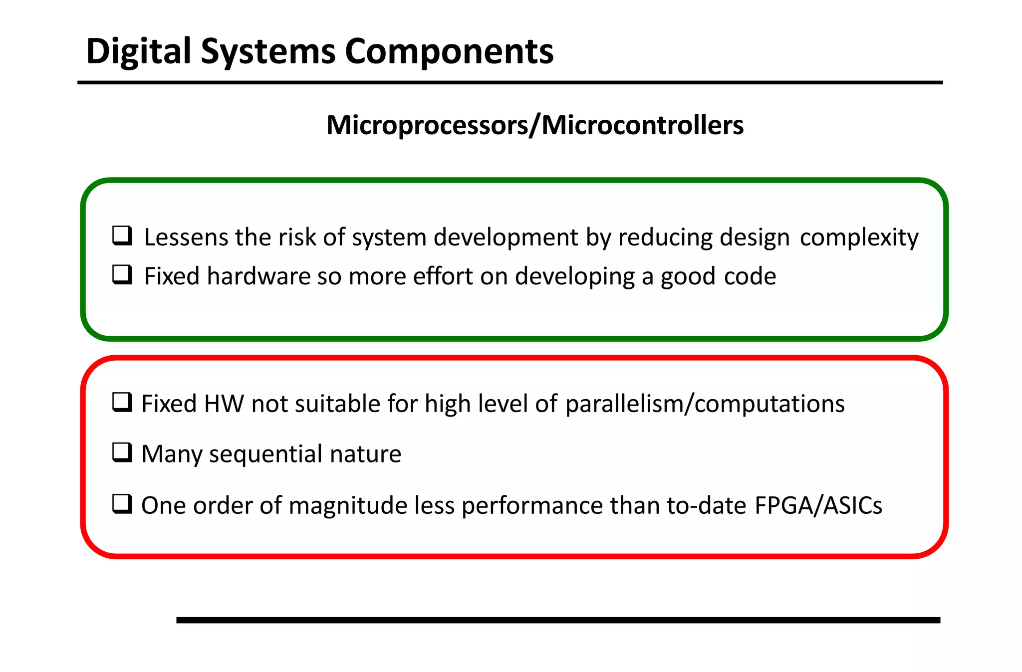 Digital Systems Components
Microprocessors/Microcontrollers
 Lessens the risk of system development by reducing design complexity
 Fixed hardware so more effort on developing a good code
 Fixed HW not suitable for high level of parallelism/computations
 Many sequential nature
 One order of magnitude less performance than to-date FPGA/ASICs
 