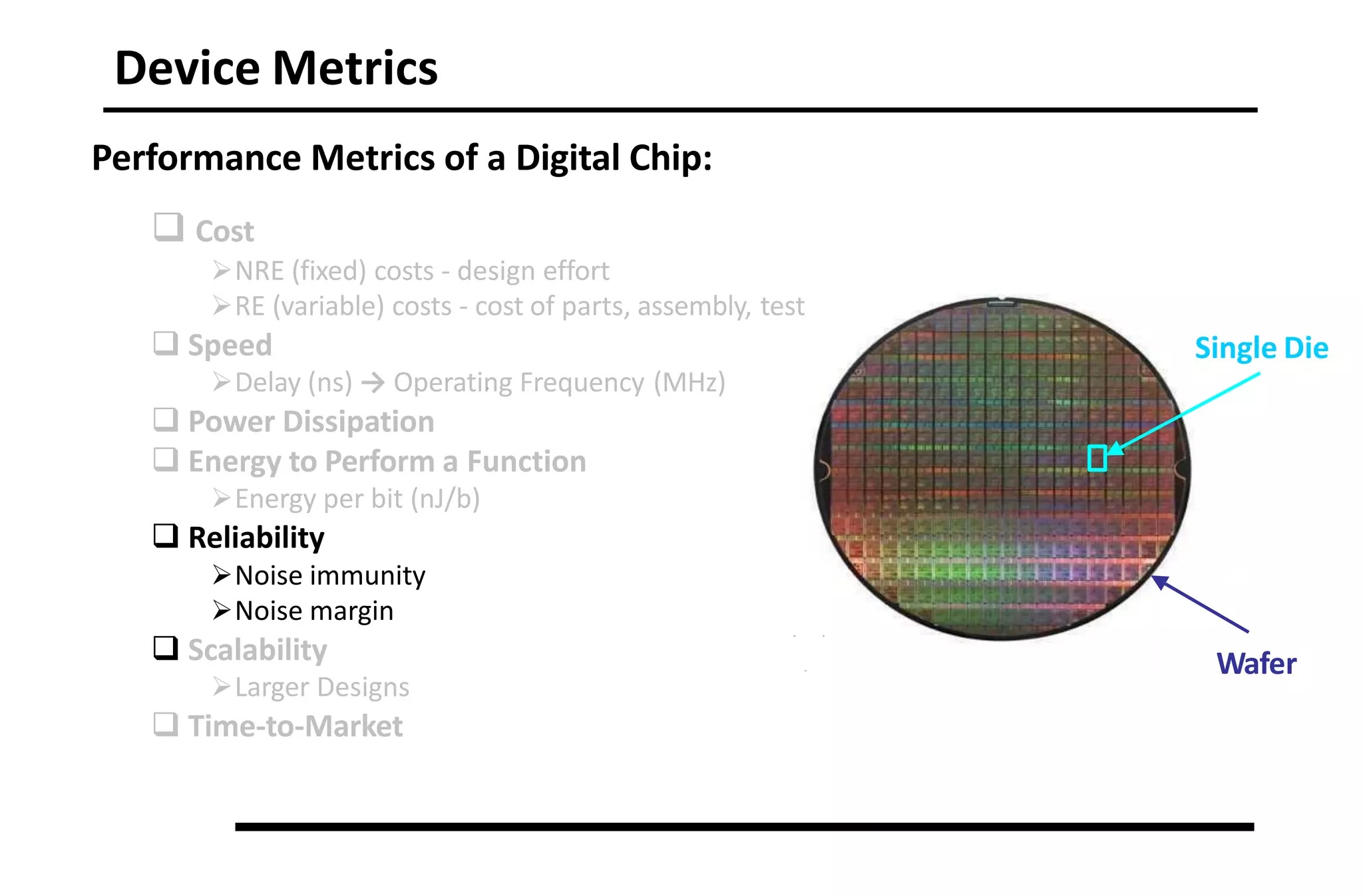 Single Die
Wafer
Device Metrics
Performance Metrics of a Digital Chip:
 Cost
NRE (fixed) costs - design effort
RE (variable) costs - cost of parts, assembly, test
 Speed
Delay (ns) → Operating Frequency (MHz)
 Power Dissipation
 Energy to Perform a Function
Energy per bit (nJ/b)
 Reliability
Noise immunity
Noise margin
 Scalability
Larger Designs
 Time-to-Market
 