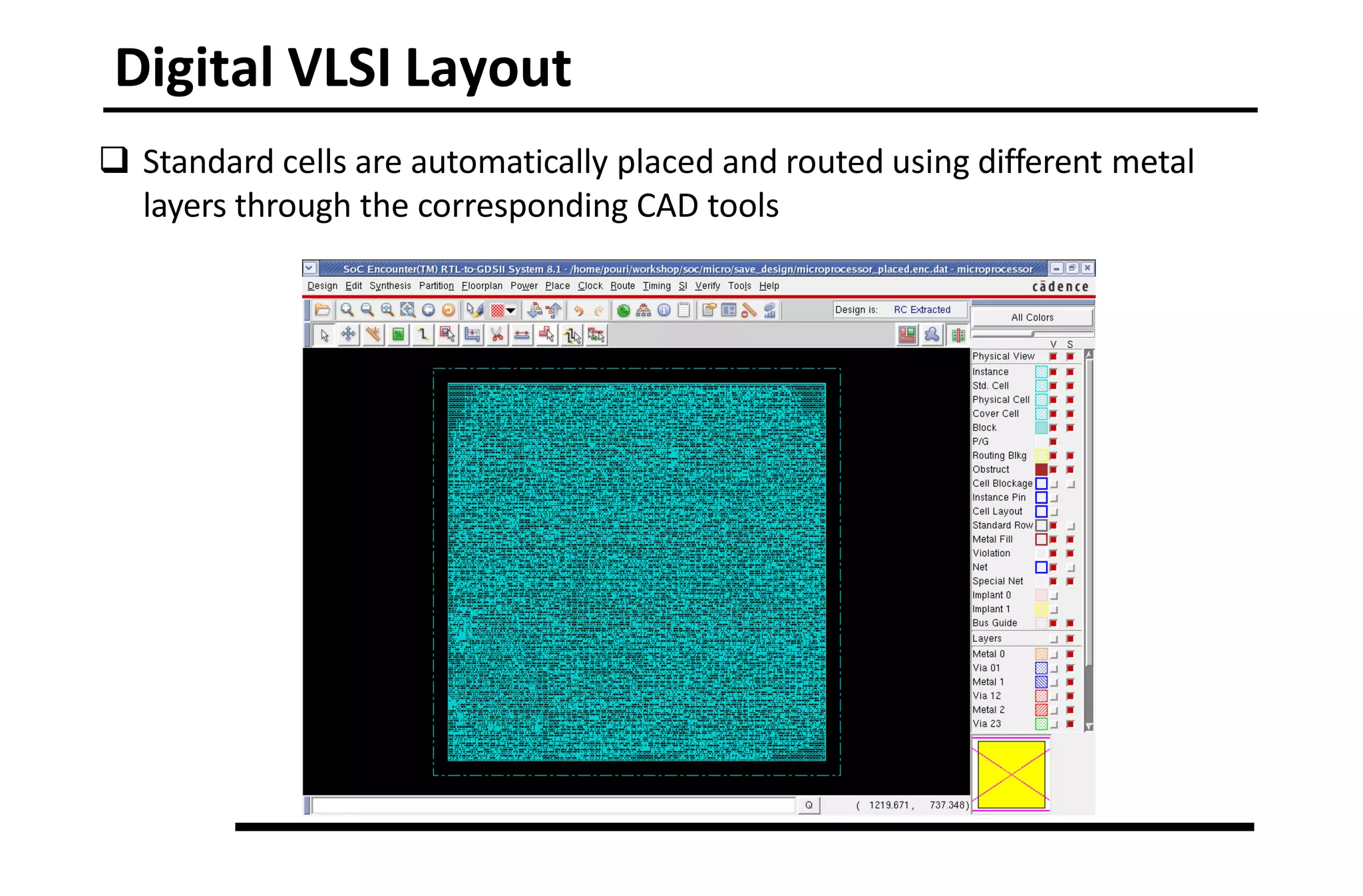 Digital VLSI Layout
 Standard cells are automatically placed and routed using different metal
layers through the corresponding CAD tools
 