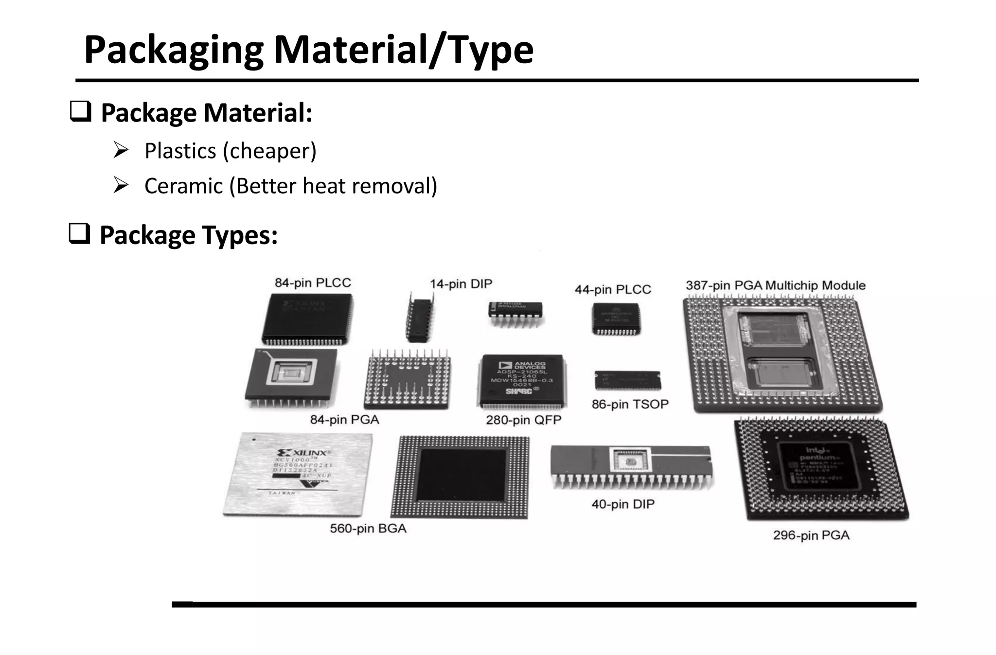 Packaging Material/Type
 Package Material:
 Plastics (cheaper)
 Ceramic (Better heat removal)
 Package Types:
 