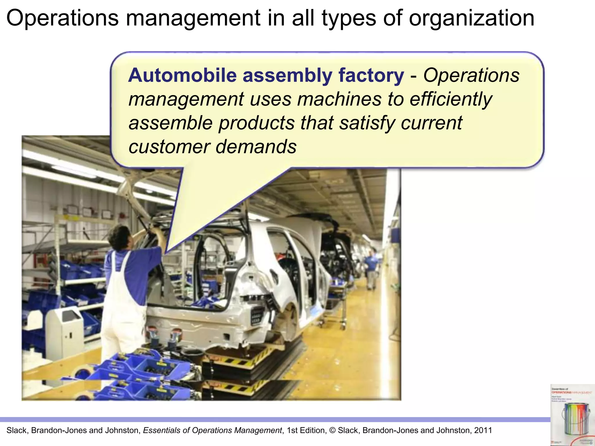 Slack, Brandon-Jones and Johnston, Essentials of Operations Management, 1st Edition, © Slack, Brandon-Jones and Johnston, 2011
Automobile assembly factory - Operations
management uses machines to efficiently
assemble products that satisfy current
customer demands
Operations management in all types of organization
 