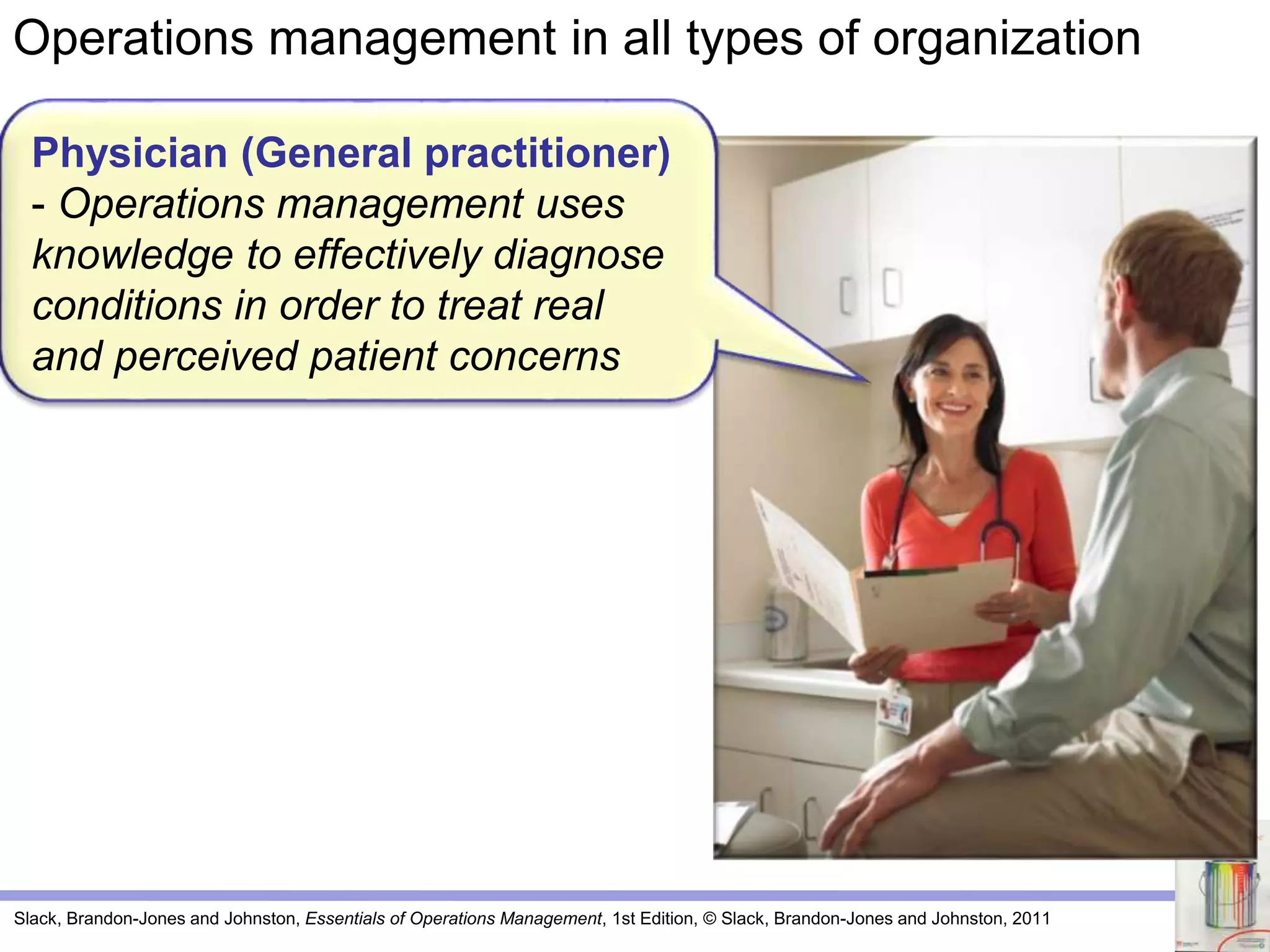 Slack, Brandon-Jones and Johnston, Essentials of Operations Management, 1st Edition, © Slack, Brandon-Jones and Johnston, 2011
Physician (General practitioner)
- Operations management uses
knowledge to effectively diagnose
conditions in order to treat real
and perceived patient concerns
Operations management in all types of organization
 