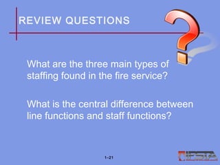 REVIEW QUESTIONS
What are the three main types of
staffing found in the fire service?
What is the central difference between
line functions and staff functions?
1–21
 