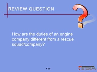 REVIEW QUESTION
How are the duties of an engine
company different from a rescue
squad/company?
1–26
 
